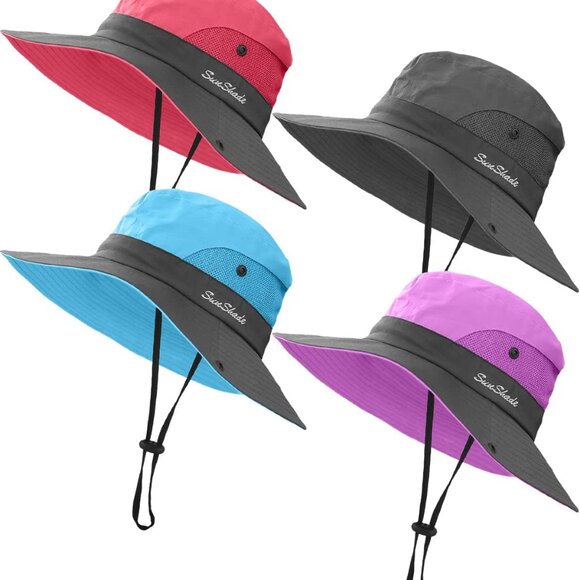 4 Pack Womens Ponytail Summer Sun Hat UV Protection Foldable Mesh Wide Brim Beac